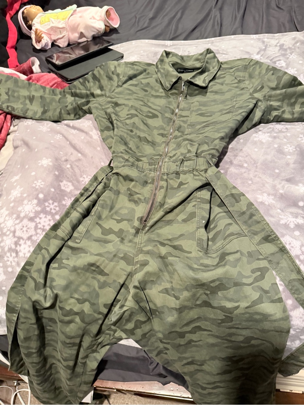 Women's Olive Green Camo Long-Sleeve Zip Jumpsuit with pockets and belt